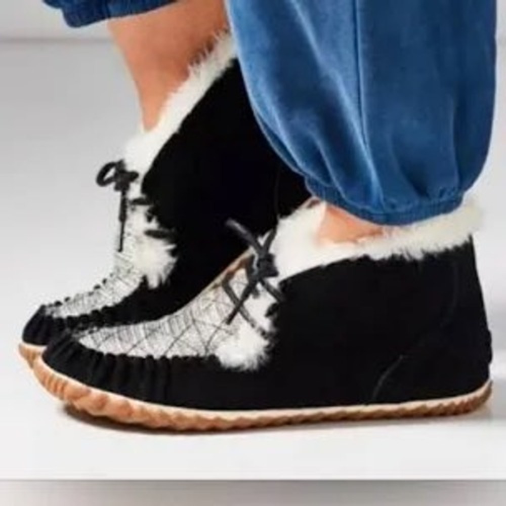 Sorel out 'N about slippers black suede leather cream silver women's‎ size 6.5